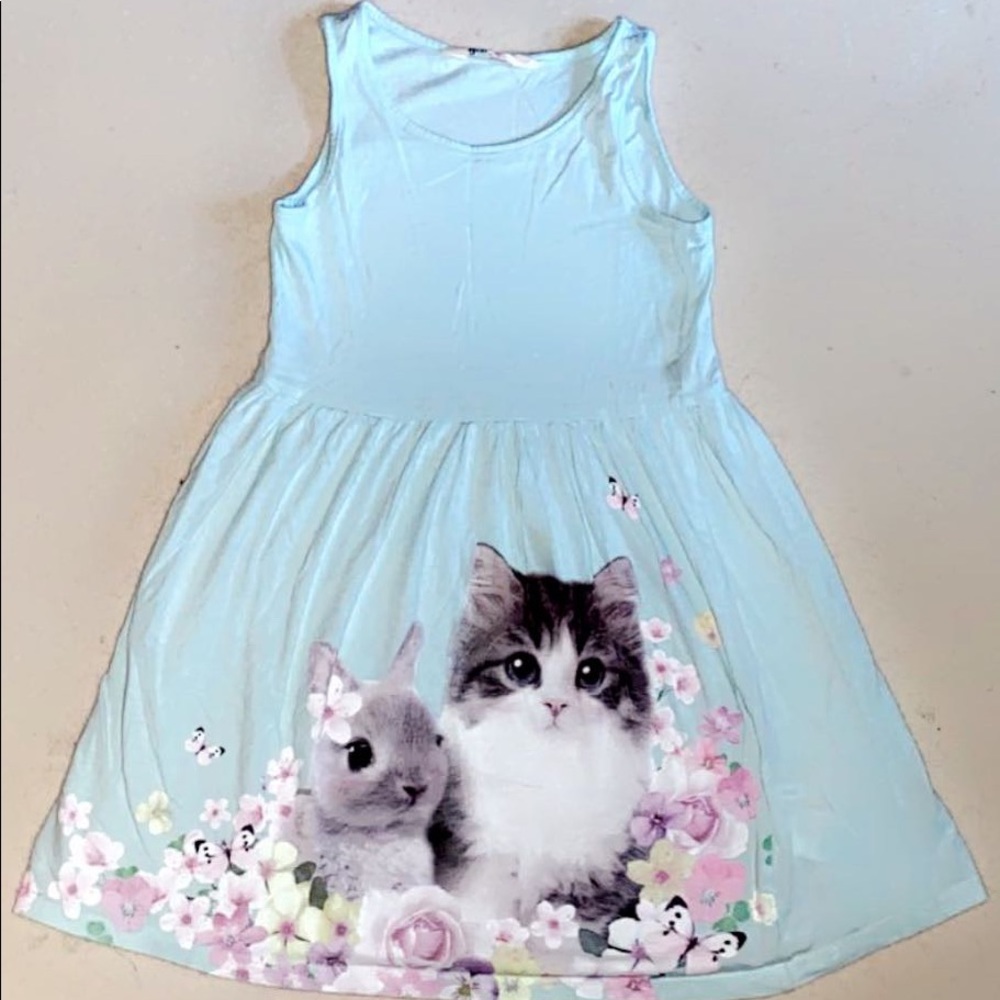 Girls Dress baby blue kitten and bunny print